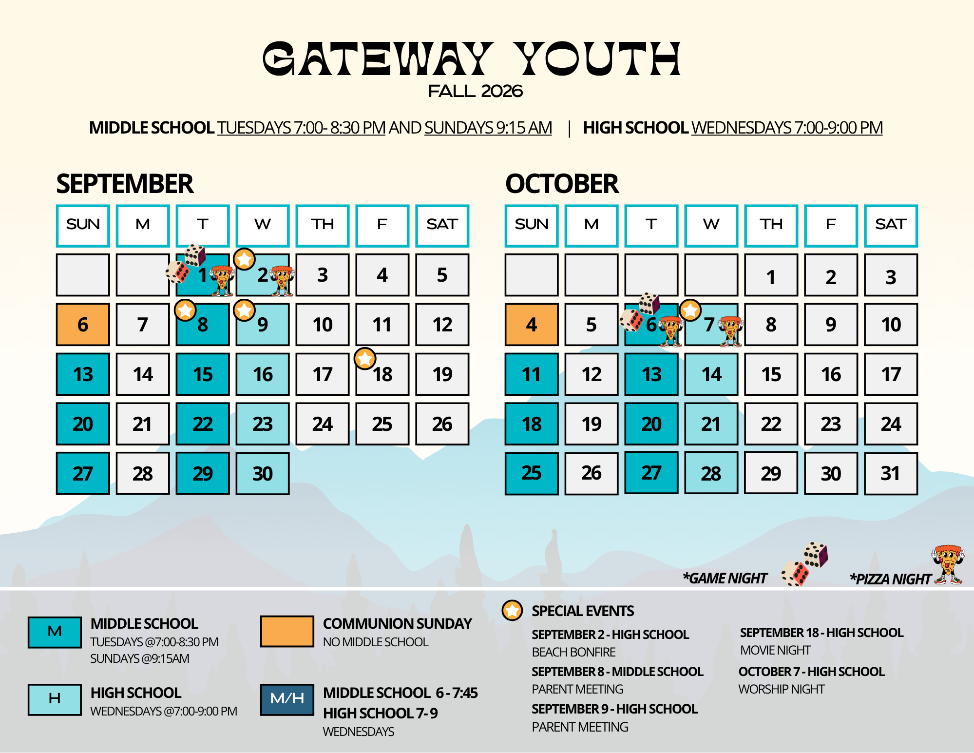 GateWay Youth Fall 2026 calendar — September and October