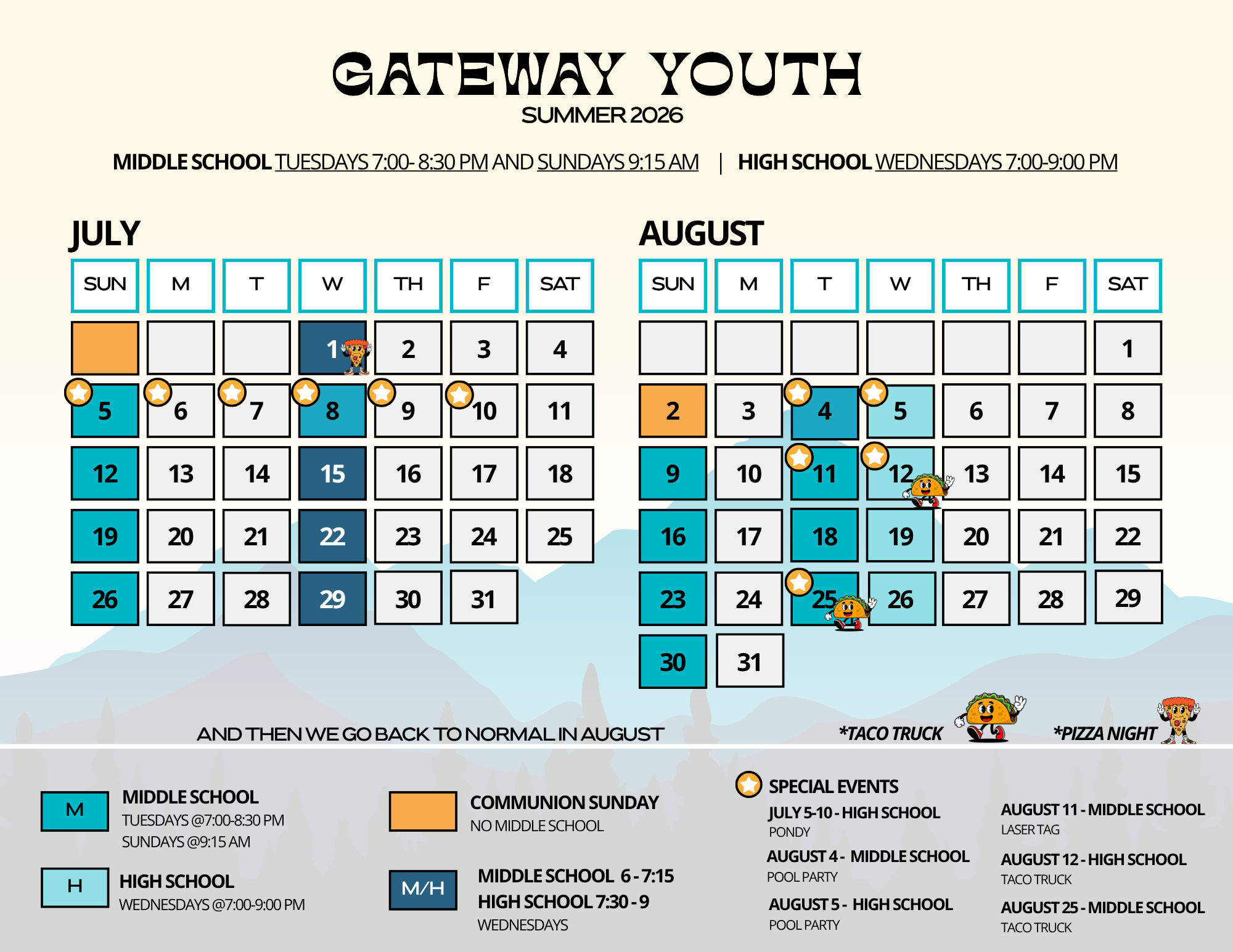 GateWay Youth Summer 2026 calendar — July & August